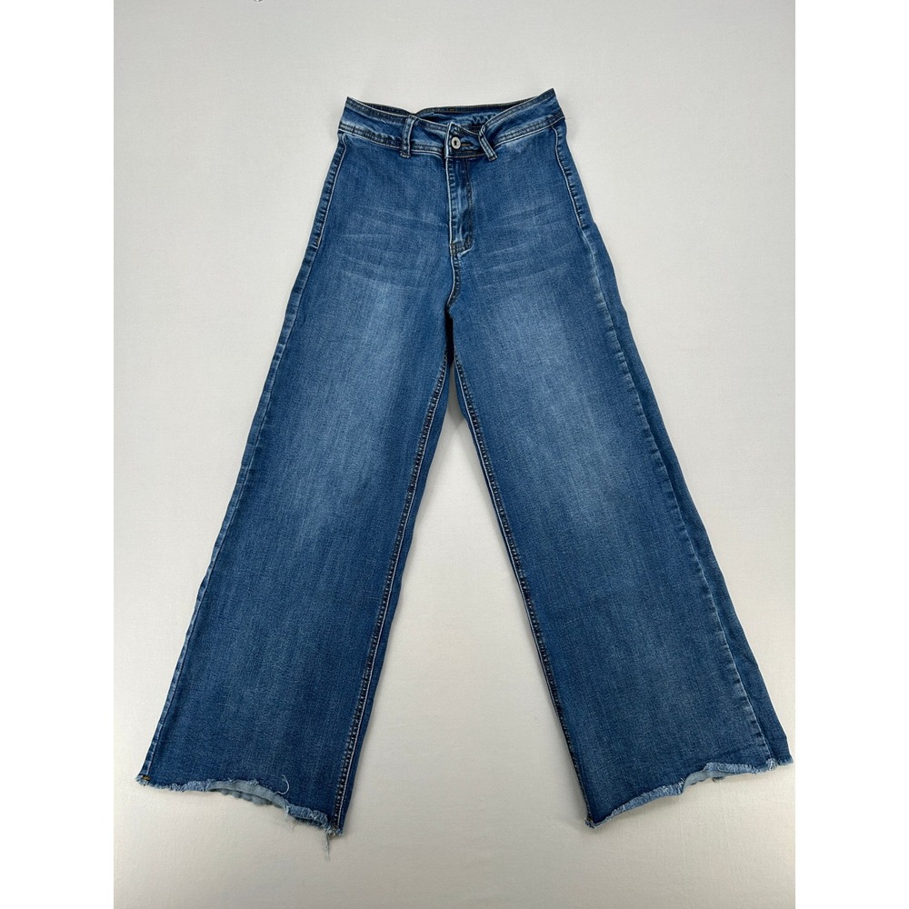 Womens High Waisted Wide Leg Jeans Medium Wash Raw Hem Denim Pants Size 27